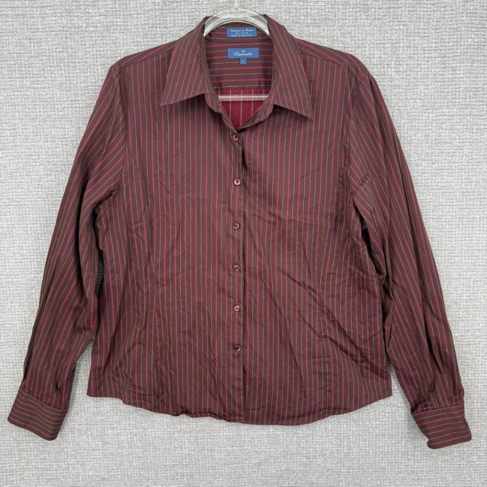 Faconnable Button Down Shirt Womens L Burgundy Striped Long Sleeve Preppy